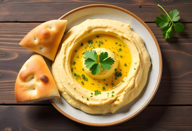 Enjoying Classic Hummus with Fresh Parsley and Pita